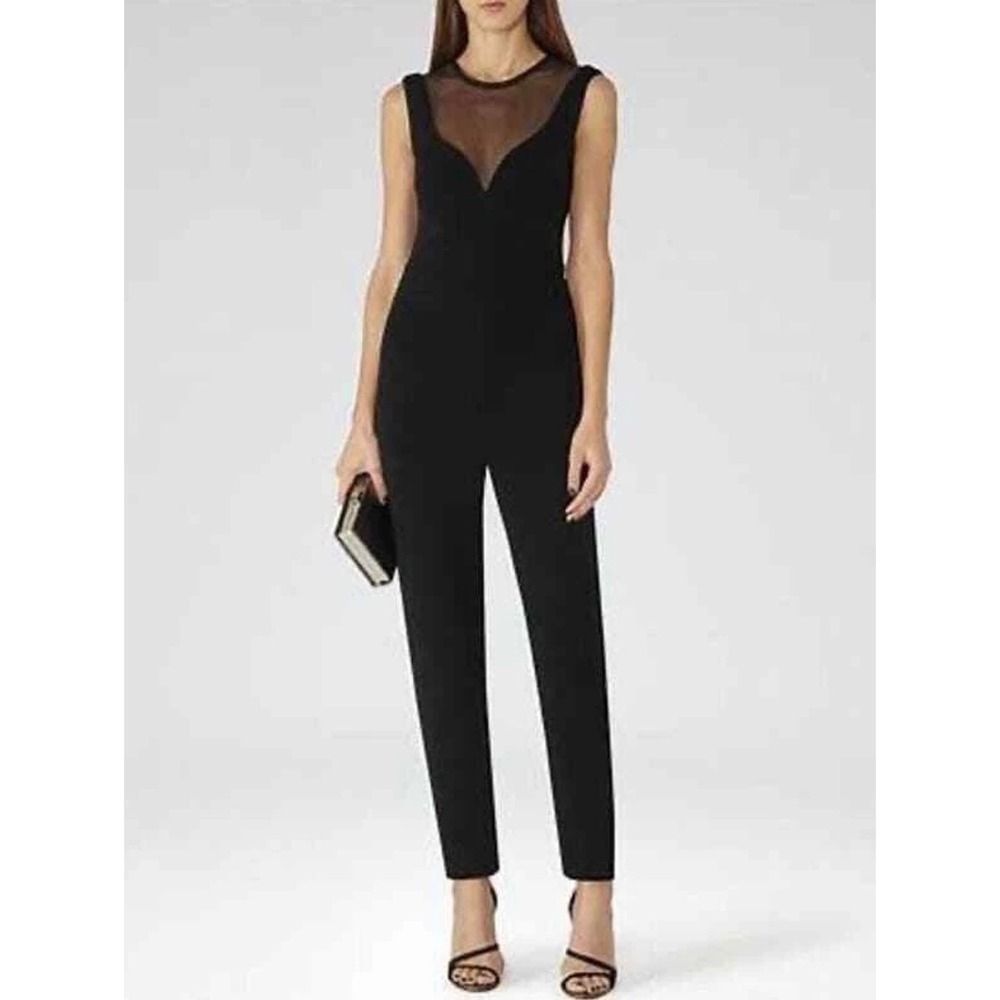Reiss Essen Sheer Mesh Insert Jumpsuit Black Sleeveless Evening 4 $425 READ‎